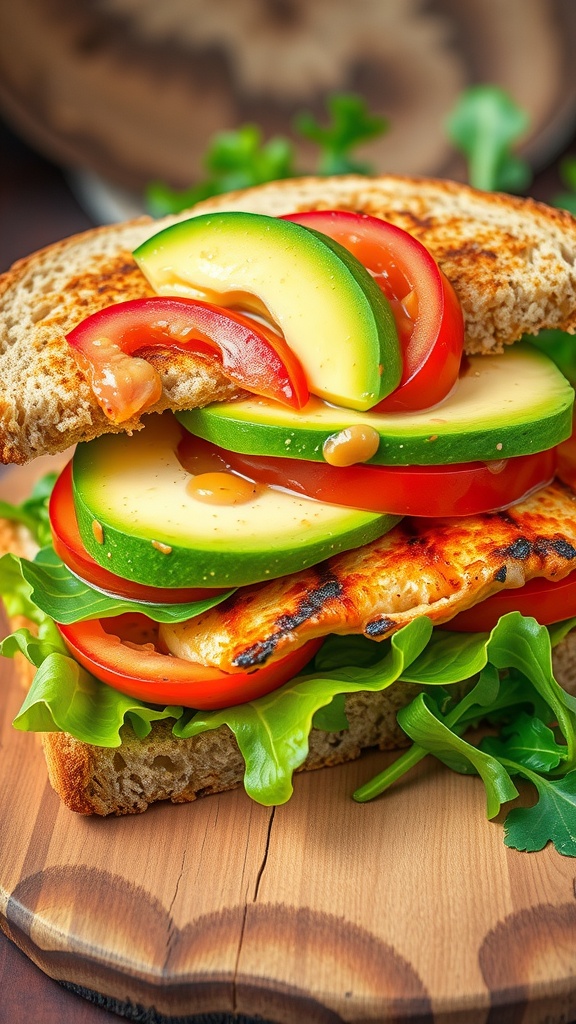 Grilled chicken and avocado sandwich with lettuce and tomato on whole grain bread, served on a wooden surface.